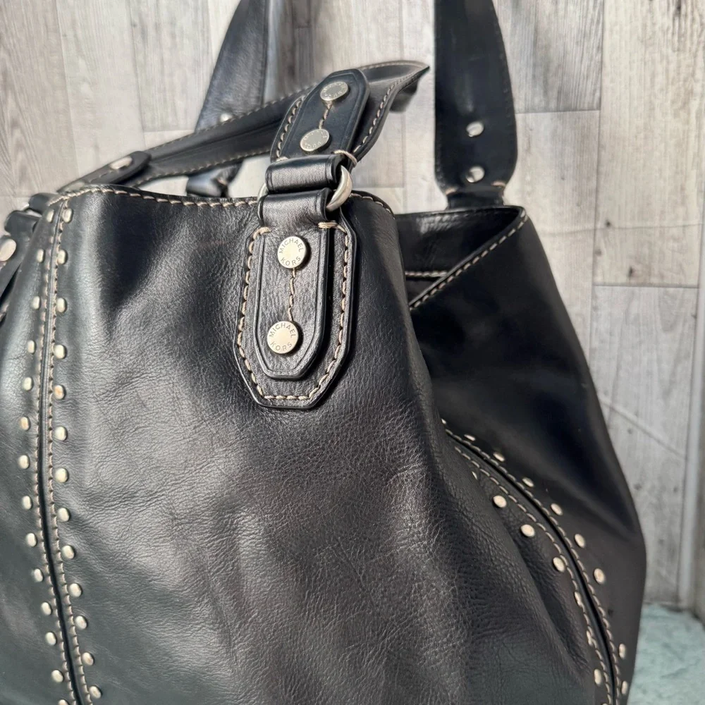 Michael Kors Black Leather Studded Shoulder Bag - Picture 3 of 15